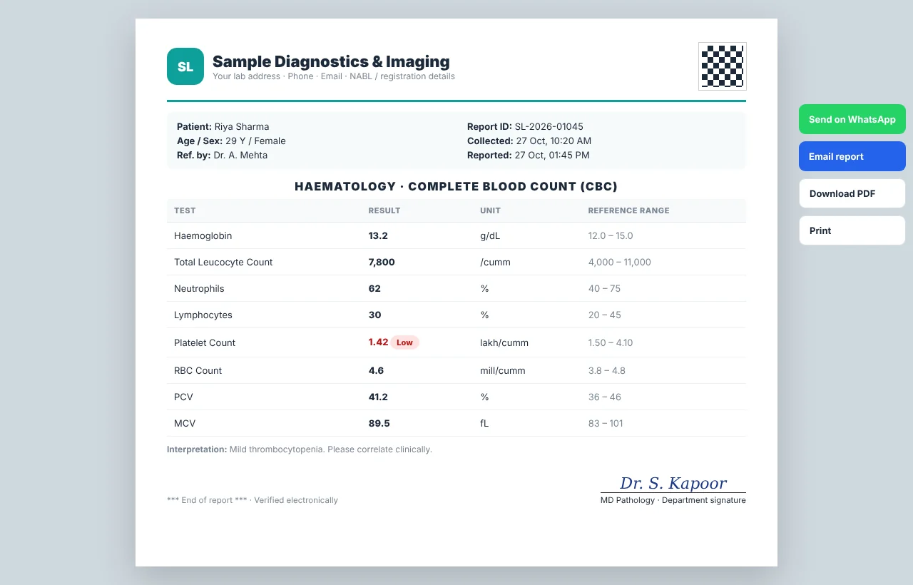 Pathology lab report from SmartLab Pro with reference ranges, highlighted abnormal values, doctor signature and QR code